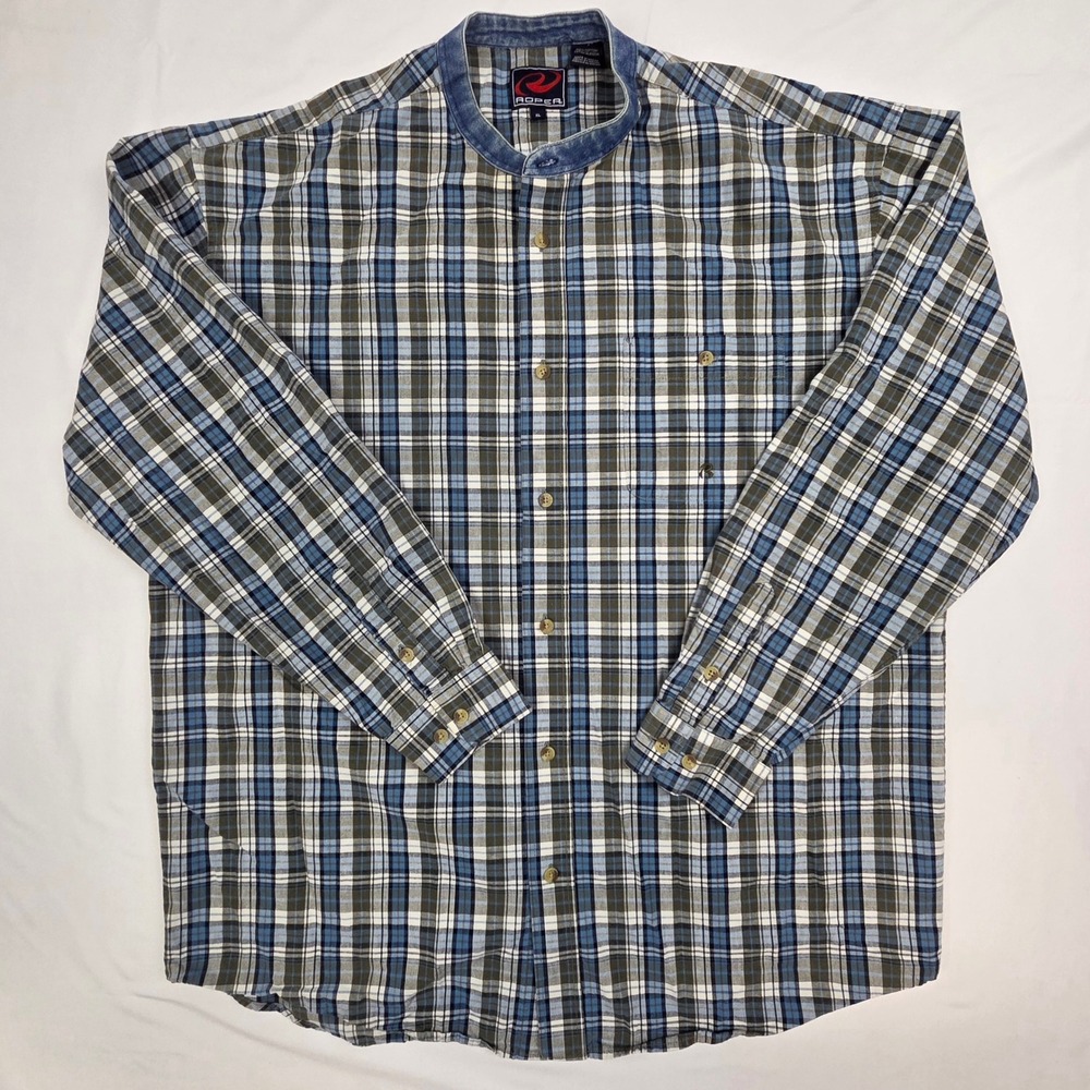 Roper Mens Plaid Band Collar Western Shirt XL Blue Grey Cotton 301-652-675GR